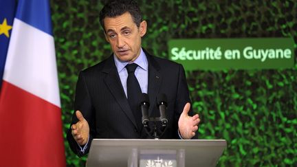 Nicolas Sarkozy lors d'un discours &agrave; Cayenne, en Guyane, le 21 janvier 2012.&nbsp; (PHILIPPE WOJAZER / AFP)