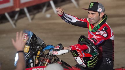 Le motard&nbsp;Paulo Gonçalves, le 6 janvier 2019 à Lima (Pérou), lors du rallye Dakar. (CRIS BOURONCLE / AFP)