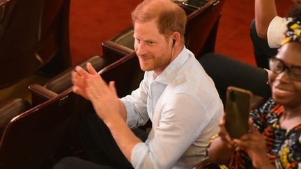 Prince Harry attends a forum in Cali, Colombia, on August 18, 2024. (EDWIN RODRIGUEZ PIPICANO / ANADOLU / AFP)