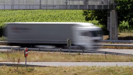 Un camion passe sous le portique de péage de transit sur l'autoroute A35, le 24 juin 2014 (image d’illustration) (THIERRY GACHON / MAXPPP)