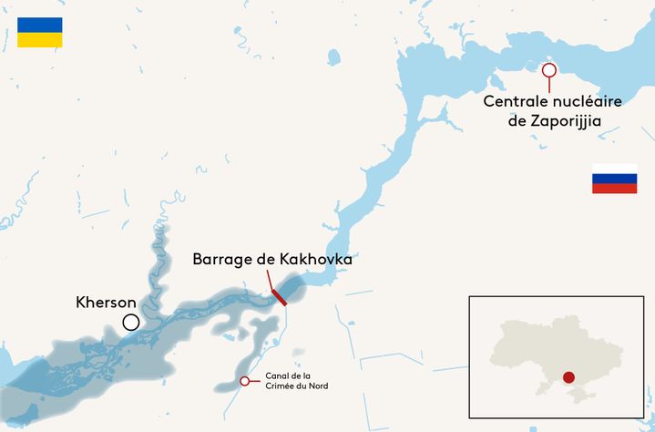 The potentially flood-prone area after the destruction of the Kakhovka dam.  (HELOISE KROB / FRANCEINFO)