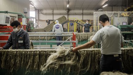 Des employés dans une usine de lin, à Villons-les-Buissons (Calvados), le 15 juillet 2020.&nbsp; (SAMEER AL-DOUMY / AFP)