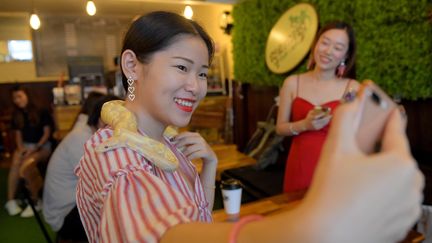 Une femme se prend en photo avec un python dans un café à reptiles qui aide à redorer l'image de cet animal. (TANG CHHIN SOTHY / AFP)