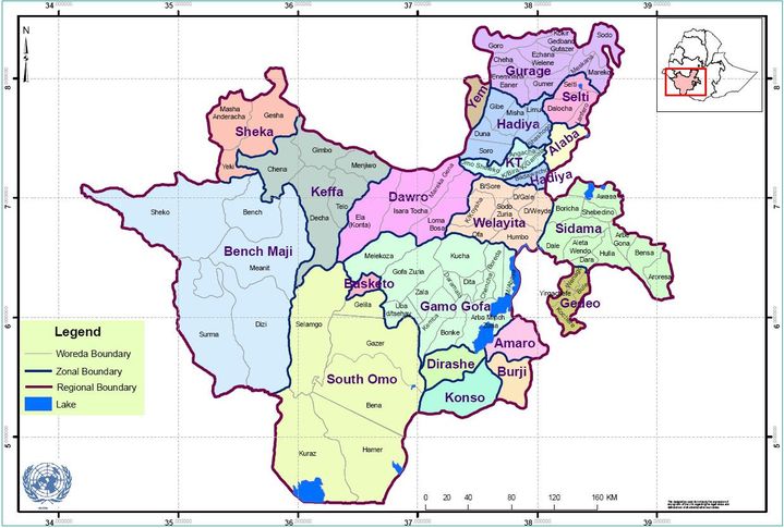 13 zones administratives constituent&nbsp;la Région des peuples et des nations du Sud. Le Sidama est la région la plus peuplée. (Carte de la Région des peuples et des nations du Sud/Source ONU)