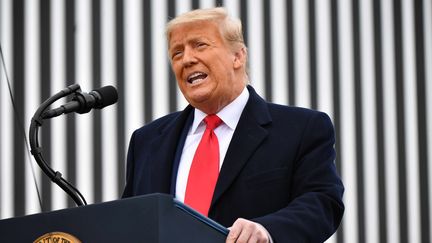 Donald Trump tient une conférence de presse, le 12 janvier 2021, près de la frontière mexicaine&nbsp;à Alamo, au Texas. (MANDEL NGAN / AFP)