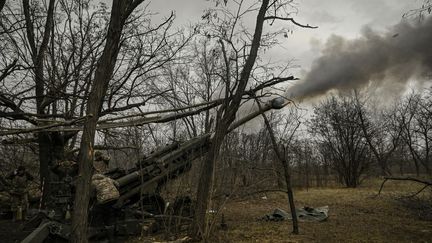 Un canon ukrainien près de Bakhmout (Ukraine), le 11 mars 2023. (ARIS MESSINIS / AFP)