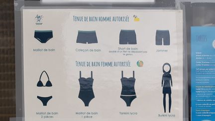 Un tableau avec des pictogrammes simples pour les tenues autorisées à la piscine de Surgères, (Charente-Maritime) dont le burkini (Photo d'illustration août 2019). (JULIEN FLEURY / RADIO FRANCE)