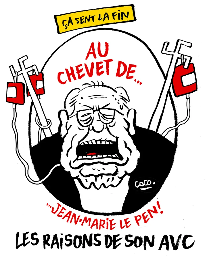 Un dessin de Coco dans "Charlie Hebdo" en février 2022 évoque la santé déclinante de Jean-Marie Le Pen. (CHARLIE HEBDO)