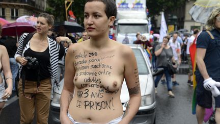 La militante tunisienne Amina, ancienne membre des Femen, &eacute;tait &agrave; Paris pour la Gay Pride, pour d&eacute;noncer les lois homophobes en Tunisie. (DENIS PREZAT / CITIZENSIDE / AFP)