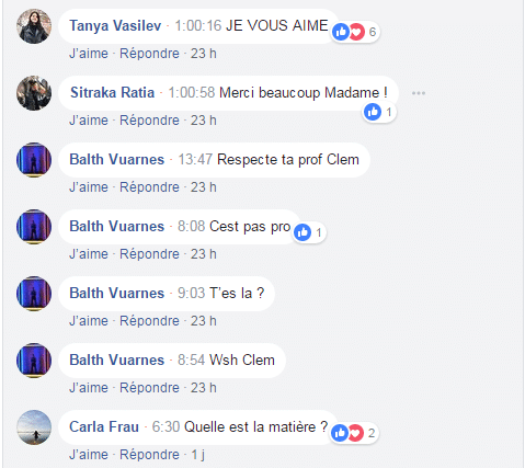 Commentaires laissés sous le cours en live d'une enseignante de Paris 1 Panthéon-Sorbonne, le 10 avril 2018.&nbsp; (FACEBOOK / PARIS 1)