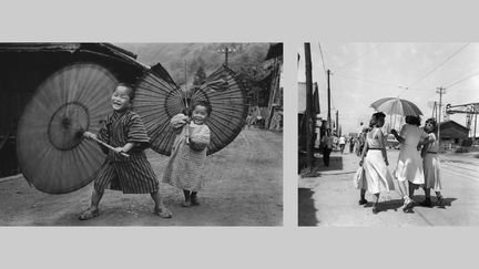 Ken Domon, à gauche : "Enfants faisant tourner des parapluies, Ogôchimura", photographie de la série "Enfants", vers 1937 - à droite : "Femmes se promenant, Sendai", 1950 (© Ken Domon Museum of Photography)