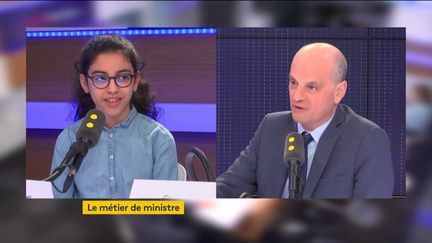 Le ministre de l'Éducation nationale et de la Jeunesse, interrogé par Shayma, collégienne de 6e, lors du "8h30 Fauvelle-Dély", le jeudi 21 mars 2019.&nbsp; (FRANCEINFO / RADIOFRANCE)