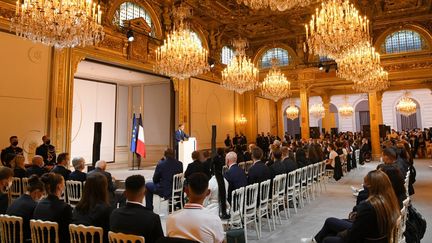 Discours du chef de l'État le 13 septembre 2021, devant les Français médaillés olympiques ou paralympiques à Tokyo.&nbsp; (MILLEREAU PHILIPPE / KMSP)