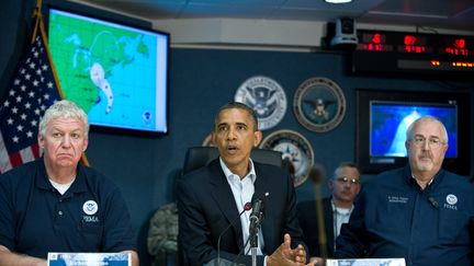 Sandy s'invite dans la campagne pr&eacute;sidentielle am&eacute;ricaine. Le pr&eacute;sident, Barack Obama, a appel&eacute; les Am&eacute;ricains, le 28 octobre 2012, &agrave; prendre tr&egrave;s au s&eacute;rieux la menace de l'ouragan et &agrave; &eacute;couter les instructions des autorit&eacute;s.&nbsp; (NICHOLAS KAMM / AFP)