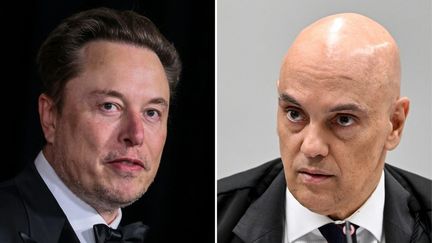 Le milliardaire Elon Musk, à la tête de X (à gauche), et le juge de la Cour suprême brésilienne Alexandre de Moraes, respectivement les 13 avril et 18 juin 2024. (ETIENNE LAURENT EVARISTO SA / AFP)