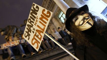 Un manifestant portant le masque du personnage&nbsp;Guy Fawkes, symbole des Anonymous, &agrave; Bruxelles (Belgique), le 28 janvier 2012. (YVES HERMAN / REUTERS)