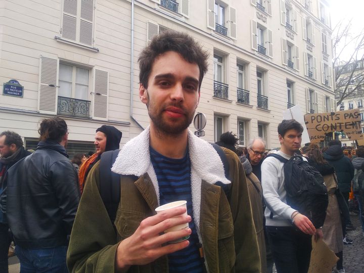 Josselin, 25, professor of history and geography, during a demonstration against the pension reform, in Paris, March 23, 2023. (LOLA SCANDELLA/FRANCEINFO)