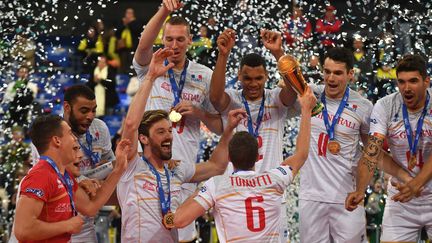 L'équipe de France de volley célèbre sa victoire lors de la Ligue mondiale 2017 (NELSON ALMEIDA / AFP)