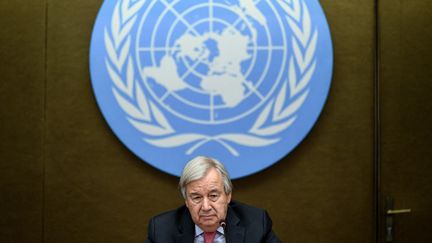 Le Secrétaire général des Nations Unies, Antonio Guterres,&nbsp;lors d'une&nbsp;conférence de presse, à Genève (Suisse), le 13 septembre 2021.&nbsp; (FABRICE COFFRINI / AFP)