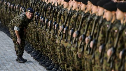 Un officier v&eacute;rifie l'alignement des soldats de la garde suisse avant l'arriv&eacute;e du pr&eacute;sident italien&nbsp;Giorgio Napolitano &agrave; Bern (Suisse), le 20 mai 2014. (FABRICE COFFRINI / AFP)