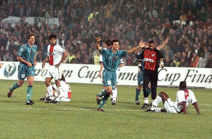 Luis Enrique against Paris Saint-Germain on May 14, 1997, in the Coupe des Coupes final.  (PASCAL PAVANI / AFP)