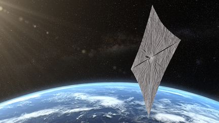 La représentation d'une voile solaire de l'organisation américaine Planetary Society, avec le concept de LightSail 2,&nbsp;au-dessus de la Terre. (JOSH SPRADLING / THE PLANETARY SOCIETY / AFP)