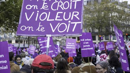 Des manifestants ont défilé samedi 23 novembre à Paris à l'occasion de la Journée internationale pour l'élimination des violences faites aux femmes. (ERIC BRONCARD / HANS LUCAS via AFP)