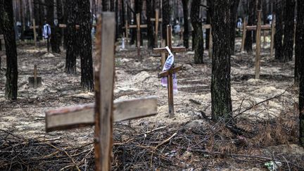 Les autorités ukrainiennes exhument les corps des&nbsp;tombes découvertes à Izioum, dans l'est de l'Ukraine, le 16 septembre 2022. (METIN AKTAS / ANADOLU AGENCY / AFP)