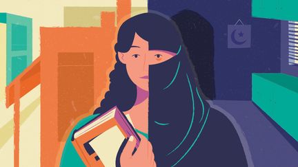 Un an après le retour au pouvoir des talibans en Afghanistan, franceinfo s'est intéressé au sort des femmes. L'illustration montre, à gauche, une Afghane avant la prise de Kaboul, sans obligation de porter le voile et libre d'accéder à l'éducation. A droite, un an plus tard, ses libertés sont réduites. (ASTRID AMADIEU / FRANCEINFO)