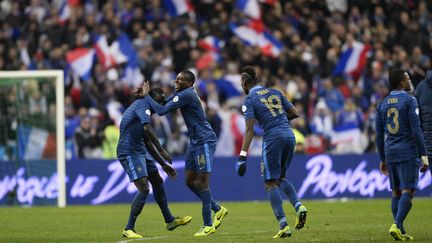 Des joueurs de l'&eacute;quipe de France, le 19 novembre 2013 au Stade de France &agrave; Saint-Denis (Seine-Saint-Denis), lors du&nbsp;match de barrage retour face &agrave; l'Ukraine, qui leur a permis de se qualifier pour le Mondial-2014. (LIONEL BONAVENTURE / AFP)