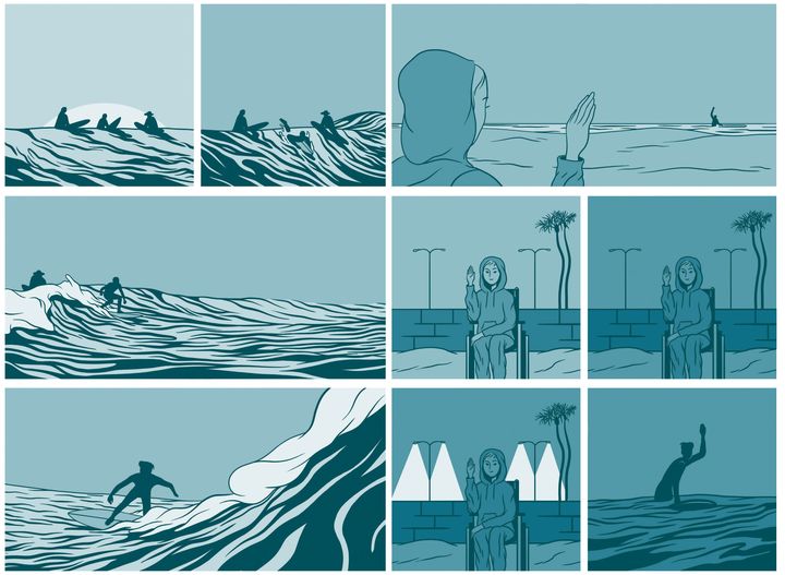 "In waves", pages 132-133 (Aj Dungo / Casterman)