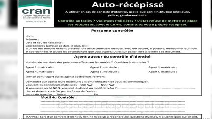 Le&nbsp;Conseil représentatif des associations noires a&nbsp;lancé un&nbsp;auto-récépissé à utiliser en cas de contrôle d'identité. (CAPTURE ECRAN / RADIOFRANCE)