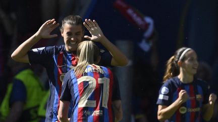 Patricia Guijarro célèbre son doublé avec le FC Barcelone contre Wolfsburg en finale de la Ligue des champions, le 3 juin 2023, à Eindhoven. (JOHN THYS / AFP)