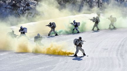 Entra&icirc;nement hivernal conjoint des marines am&eacute;ricains et sud-cor&eacute;ens &agrave; Pyeongchang (Cor&eacute;e du Sud), le 7 f&eacute;vrier 2013. (JUNG YEON-JE / AFP)