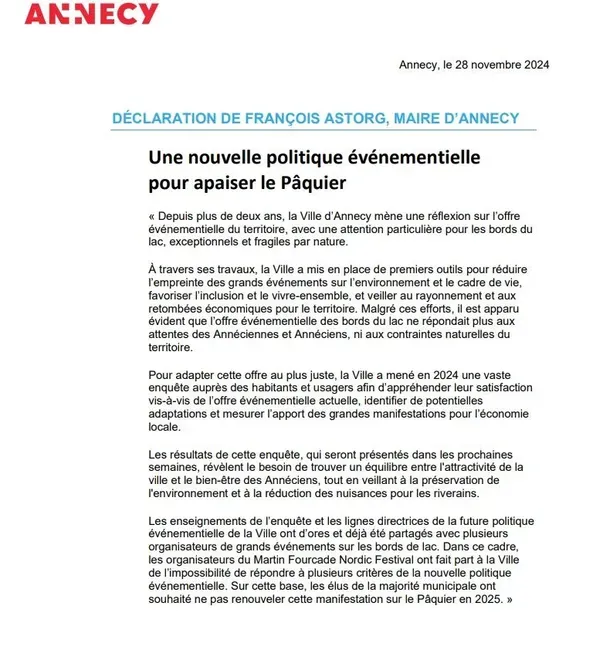 Le communiqué du maire écologiste d'Annecy, François Astorg, pour expliquer sa décision de ne plus accueillir le "Martin Fourcade Nordic Festival". (CAPTURE D'ECRAN / RADIO FRANCE)