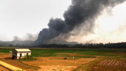 La colonne de fum&eacute;e qui s'&eacute;chappe de l'usine de feux d'artifices o&ugrave; a eu lieu une explosion, samedi 12 octobre, dans la province de Phu Tho au Vietnam.&nbsp; (AFP)