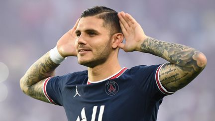 Mauro Icardi lors de la victoire du Paris Saint-Germain face à Strasbourg le 14 août 2021. (BERTRAND GUAY / AFP)