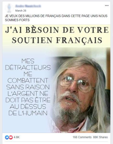 Message de soutien à Didier Raoult sur un groupe Facebook (FRANCEINFO)