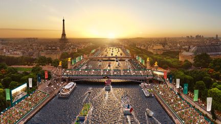 Vue aérienne de la Seine pour la cérémonie d'ouverture des Jeux olympiques de Paris 2024 (Paris 2024 / Florian Hulleu)