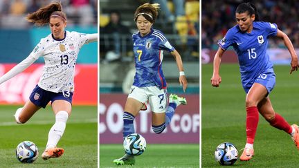 L'Américaine Alex Morgan, la Japonaise Hinata Miyazawa, meilleure buteuse de la compétition après la phase de groupes, et la Française Kenza Dali,, lors de la Coupe du monde 2023. (AFP)