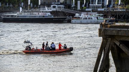 Les secours sur les lieux de la découverte d'un corps, le 29 juillet, dans la Loire au pied de la grue jaune sur l'île de Nantes. (OLIVIER LANRIVAIN / MAXPPP)