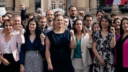 The deputies of La France insoumise, during the welcome day at the National Assembly, on July 9, 2024, which followed the second round of the legislative elections. (ALEXIS SCIARD / MAXPPP)