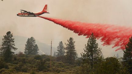 Un avion largue un retardant de flammes pour ralentir l'avancée de l'incendie Carr à l'ouest de Redding en Californie, le 27 juillet 2018.&nbsp; (FRED GREAVES / REUTERS)