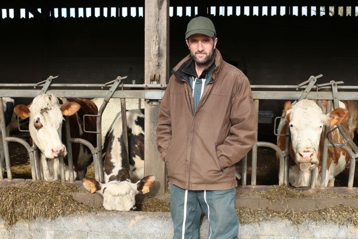 Christophe Gosselin devant les vaches laitières de son élevage à Fervaches (Manche) le 11 février 2016. (BENOIT ZAGDOUN / FRANCETV INFO)