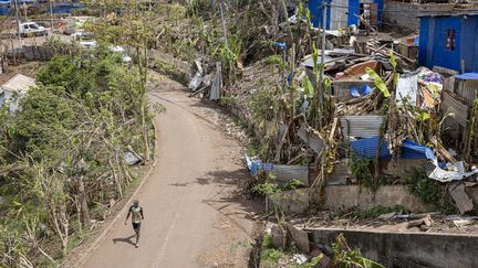 Une zone dévastée de Tahibe, dans les environs de Mamoudzou, préfecture de Mayotte, le 24 décembre 2024. (PATRICK MEINHARDT / AFP)