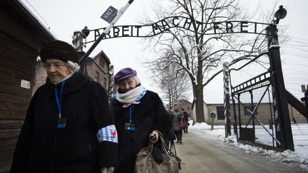 Des survivants franchissent la porte du camp d'Auschwitz&nbsp; le 27 janvier 2015. (ODD ANDERSEN / AFP)