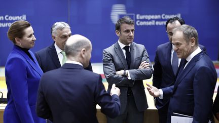 Plusieurs dirigeants européens avant un Conseil européen, à Bruxelles (Belgique), le 21 mars 2024. (SAMEER AL-DOUMY / AFP)