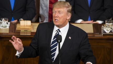 Donald Trump lors de son discours devant le Congrès des Etats-Unis, à Washington, le 28 février 2017. (SAMUEL CORUM / ANADOLU AGENCY / AFP)