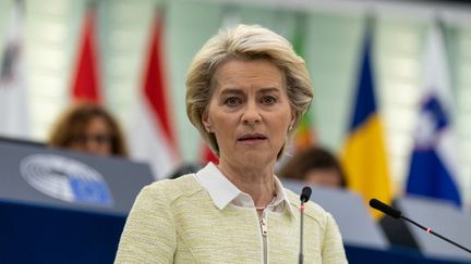 Ursula von der Leyen, la présidente de la Commission européenne, au Parlement européen à Strasbourg, le 4 mai 2022. (PATRICK HERTZOG / AFP)