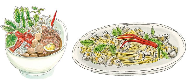 La soupe Phô et la Salade de mangue verte et bulots dessinées par Christelle Téa dans le livre de recettes "Au Bonheur". (EDITIONS PREMIER PARALLELE)